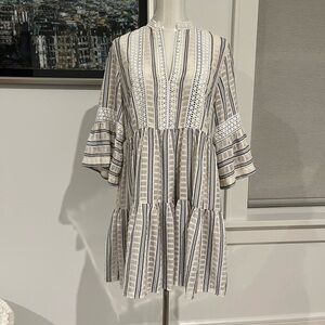 Sandro Navy and Cream Long Sleeve Dress